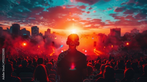 Silhouette of a person at a concert in a large crowd, sunset backdrop, vibrant lights. photo