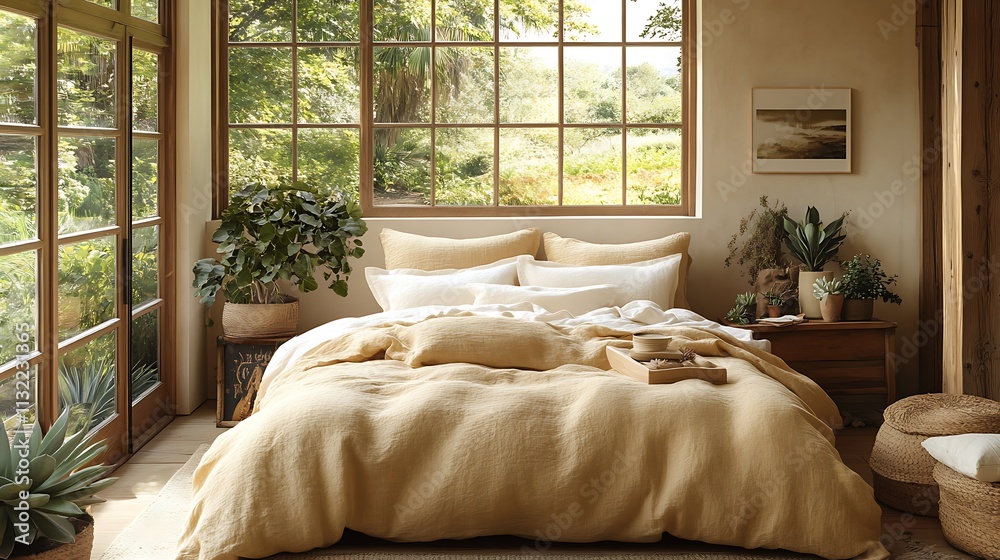 Fototapeta premium A cozy, eco-conscious bedroom with linen bedding in muted ochre and beige, paired with natural wood accents, soft wool rugs, and potted succulents. --ar 16:9