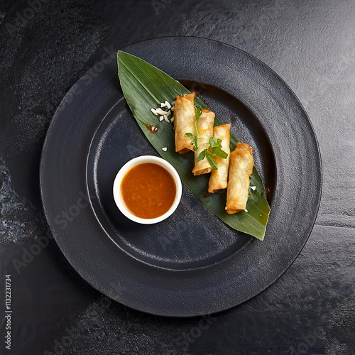 Spring rolls - fried Vietnamese rolls of rice edible paper on black matte plate next to cup with sauce. Pan-Asian menu of restaurant.