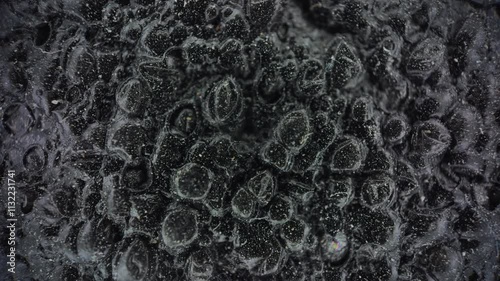 foam material for insulation of buildings and packaging of goods, soft black foam material for construction and storage,shot under microscope,Dolly shot.