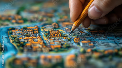 Mapping Hand Holding Pencil Pointing Cadastral Map