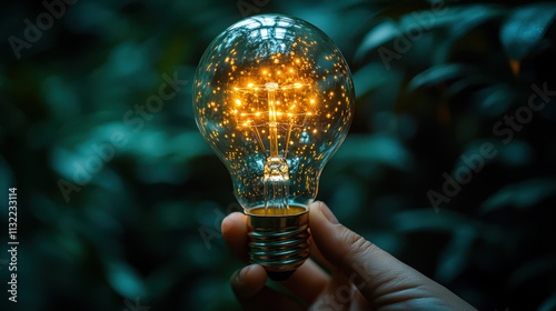 Innovative Eco-Friendly Solution: Hand Holding Light Bulb with ESG Icon
