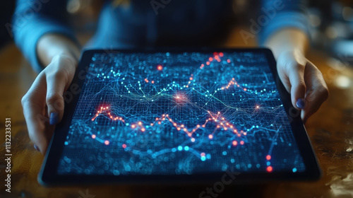 Digital Innovation Concept: Man Holding Tablet with Holographic Graphs