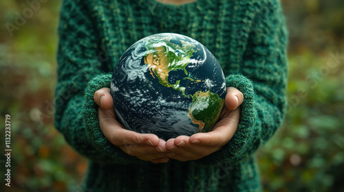 hand holding the earth on a green background with icon recycle in the concept of reuse reduce recycle rot refuse. zero waste. Conscious consumption