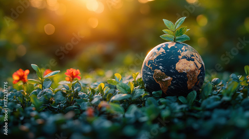 Human Hand Holding Earth on Green Background with Ice Crystals