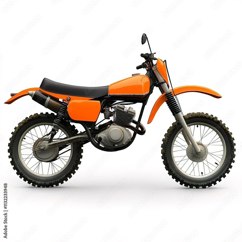 Fototapeta premium a retro-styled dirt bike motorcycle, nostalgic 70s design, vibrant orange, isolated on white background 