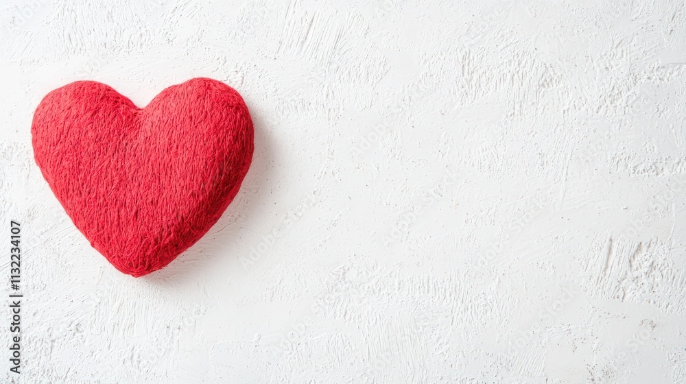 Obraz premium A vibrant red heart-shaped object sits on a textured white surface, symbolizing love and affection.