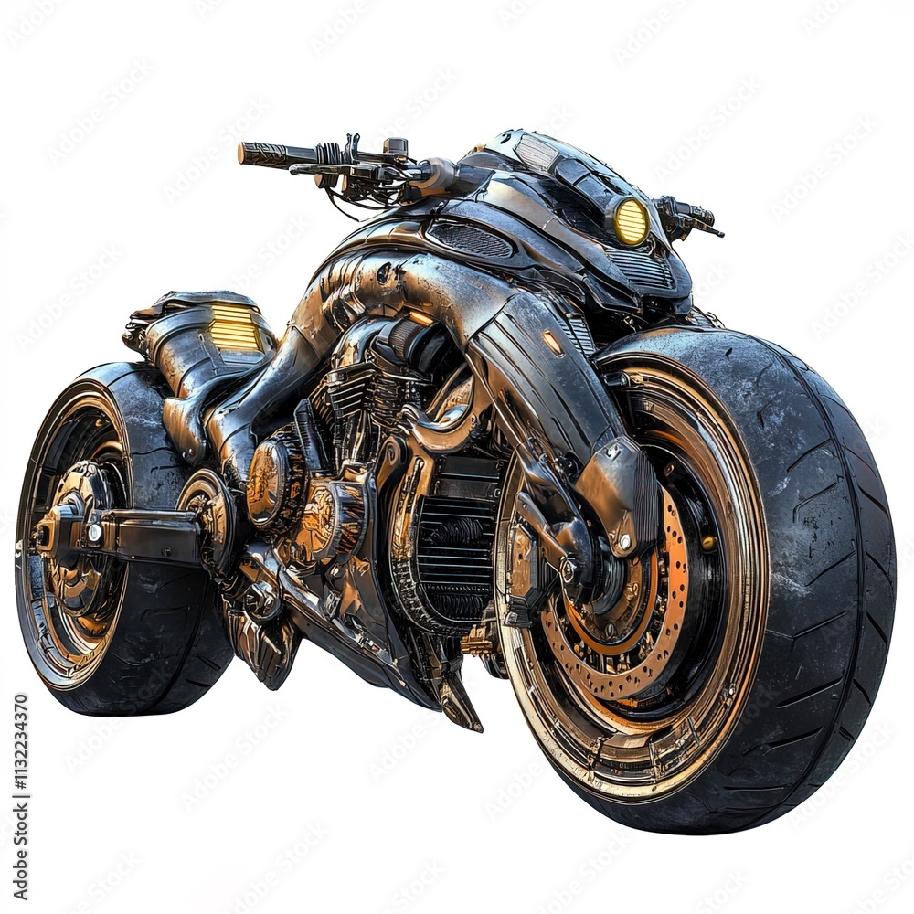 a heavily modified motorcycle, cyberpunk theme, edgy metallic textures, bright accents, isolated on white background a heavily modified motorcycle, cyberpunk theme, edgy metallic textures, bright accents, isolated on white background