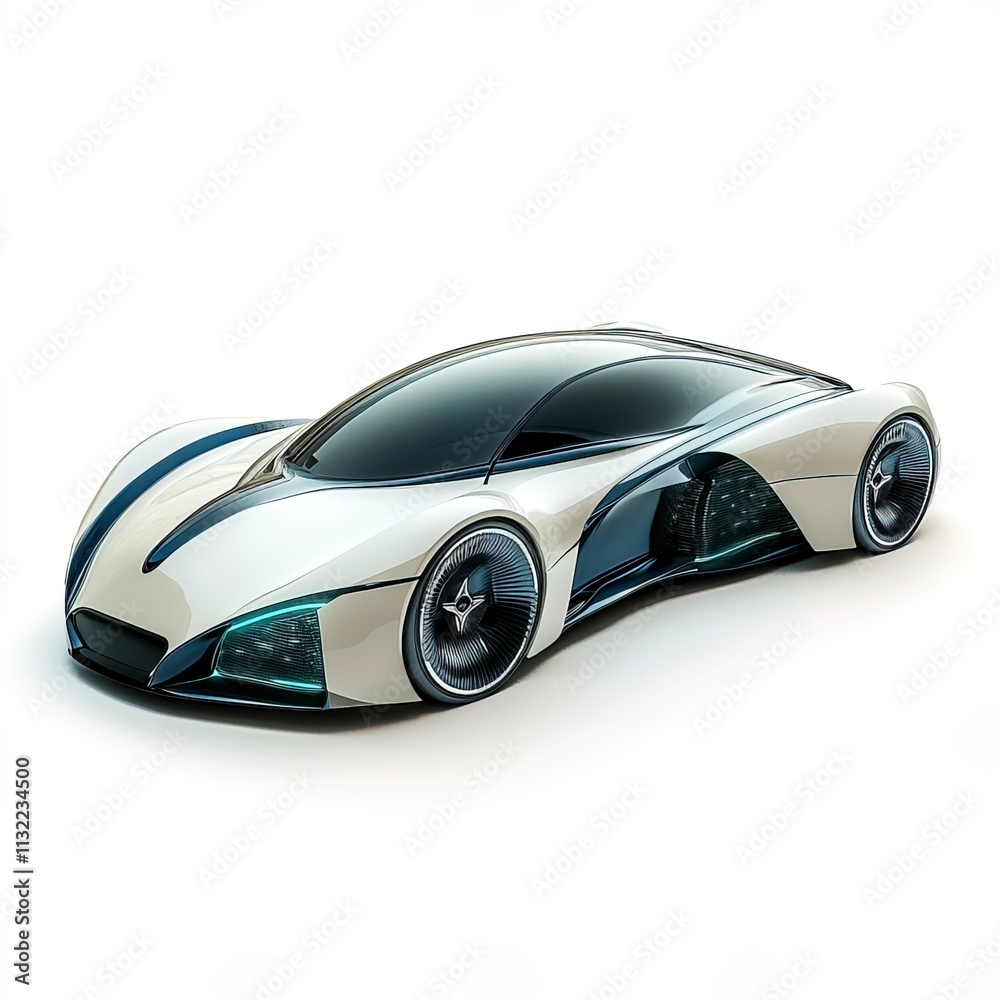 Fototapeta premium a futuristic electric car, sleek sci-fi design, metallic blue and white, glowing accents, isolated on white background 