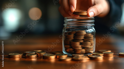 Saving Money Concept with Hand Putting Coins in Glass Jar on Table