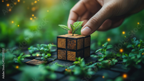 Sustainable Environment: Hand Placing Wooden Cube in ESG Icon Concept