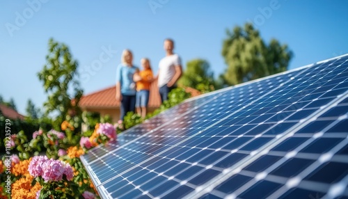 family stands behind solar panels in garden filled with flowers, showcasing renewable energy and sustainable lifestyle. bright blue sky enhances cheerful atmosphere
