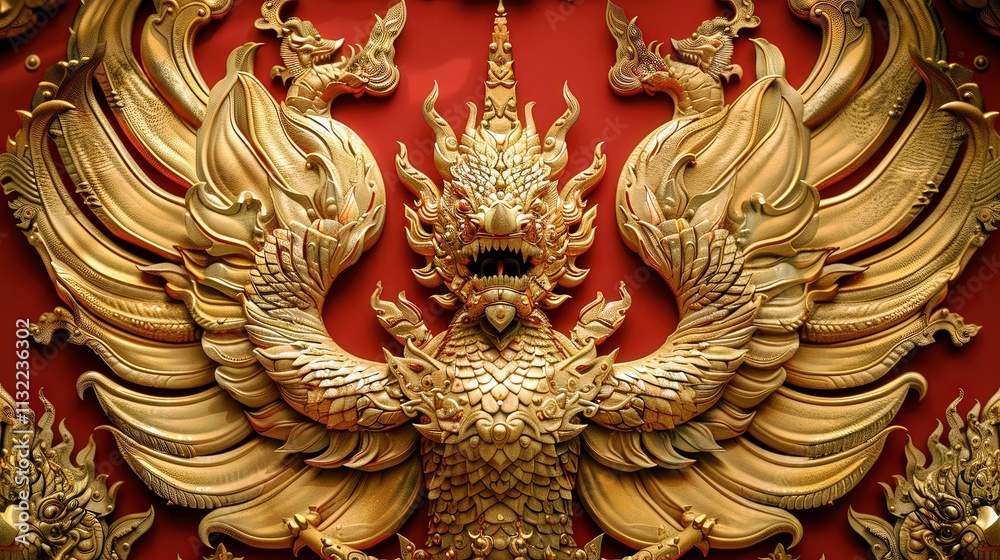 Fototapeta premium Intricate Golden Mythical Creature Sculpture with Five Heads Against Red Background for Art and Culture Representation