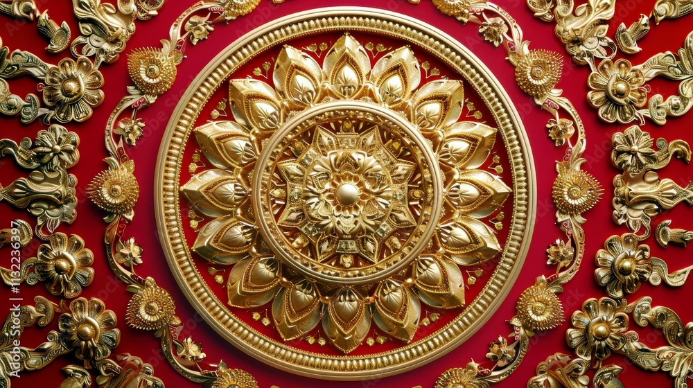 Fototapeta premium Intricate Gold Floral Design on Vibrant Red Background Perfect for Decorative Art and Cultural Themes in Stock Photography