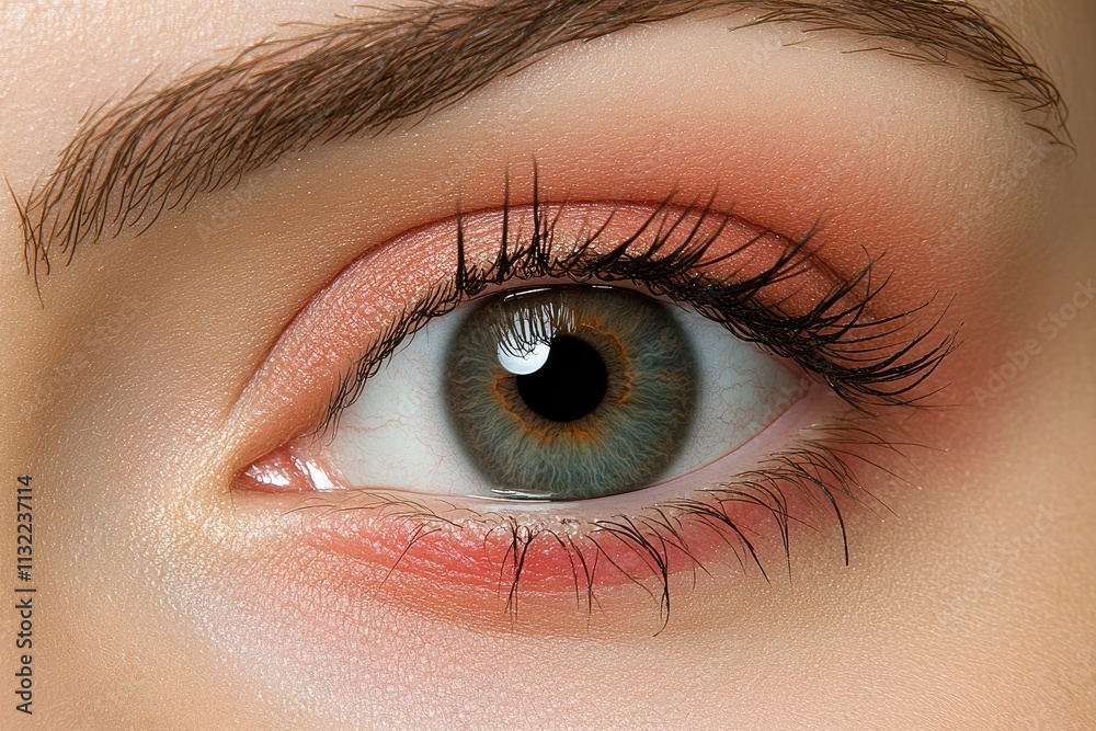 Obraz premium Close-up of a Green Eye with Peachy Makeup and Long Eyelashes