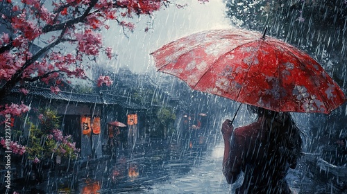 Rainy Day in a Japanese City: Woman with Red Umbrella photo