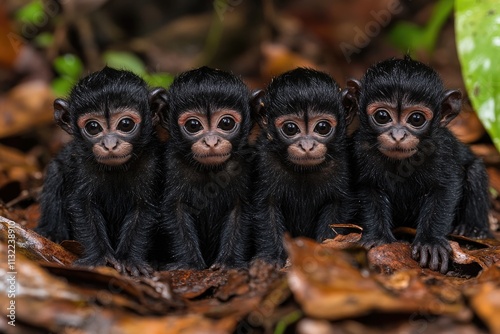 Four Black-Headed Spider Monkeys Sitting on Fallen Leaves photo