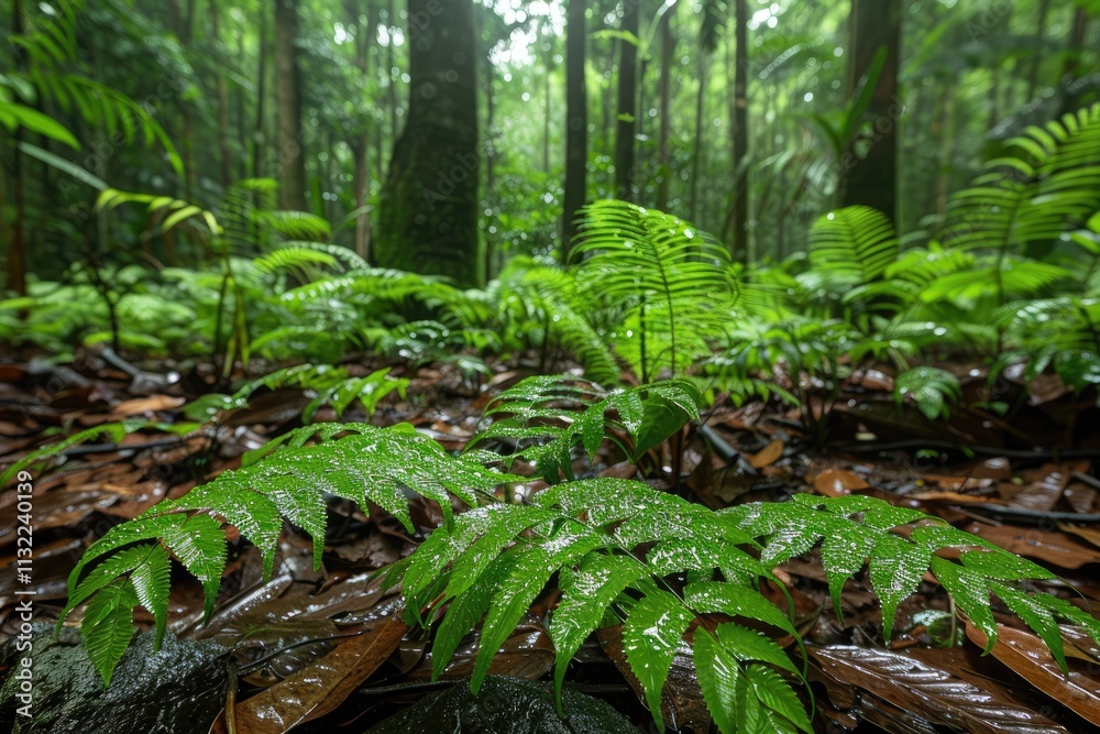 Obraz premium Lush Green Ferns on a Forest Floor with Sunlight Filtering Through the Canopy