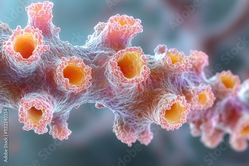 Microscopic Close-up of a Chain of Pink and Orange Tubular Structures