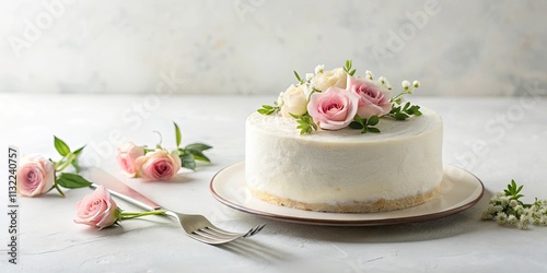 Delectable Vanilla Cake Adorned with Delicate Pink and White Roses and Greenery on a Simple Plate