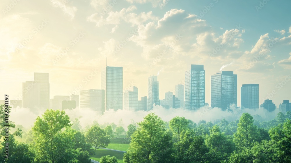Obraz premium Serene urban sunrise cityscape nature photography misty environment wide-angle view tranquility and growth in modern life