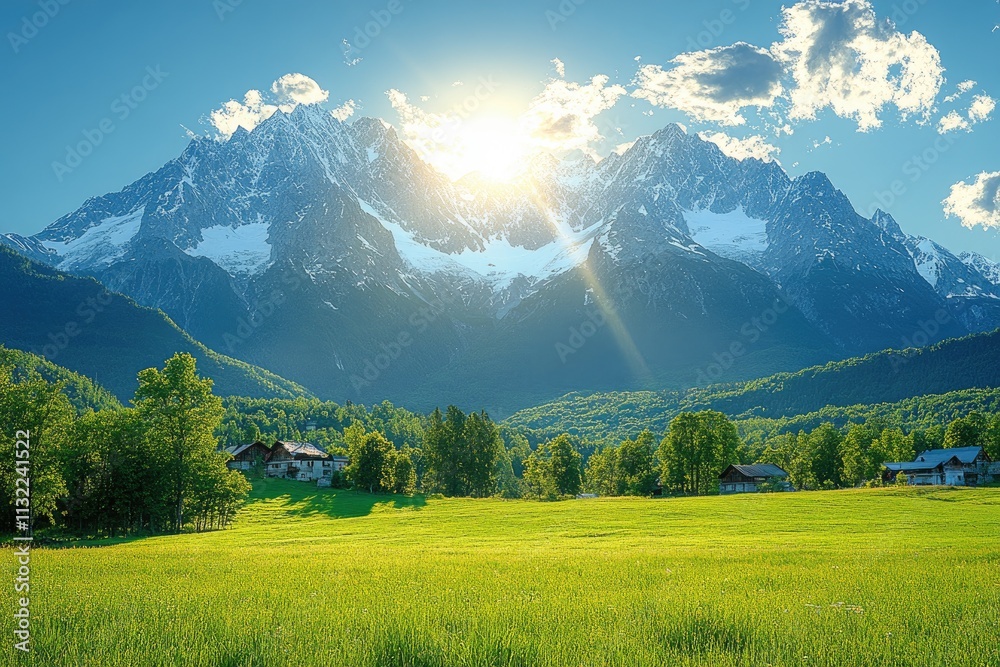 Obraz premium Picturesque Alpine Meadow with Majestic Snow-Capped Mountain Range and Sunbeams