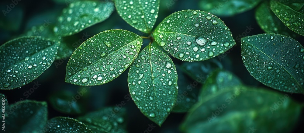 Fototapeta premium Dewdrops on lush green leaves, close-up.