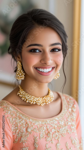 young indian woman wearing traditional lehenga and jewelry photo