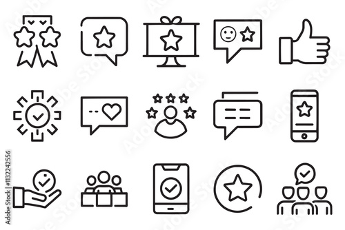 Review, client satisfaction, testimonial related editable stroke outline icon set isolated flat vector illustration white background