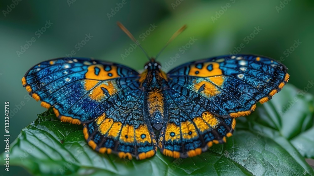 Obraz premium Vibrant blue and orange butterfly perched on a green leaf.