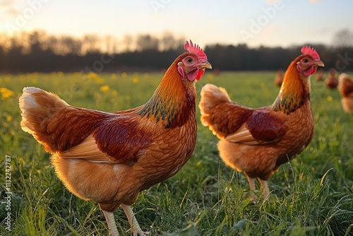 Two Brown Hens in a Green Grass Field at Sunset photo