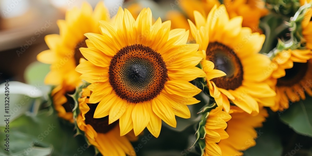 Fototapeta premium Stunning yellow sunflower blooms radiate beauty, showcasing vibrant sunflower flowers that capture the essence of nature s elegance in stunning arrangements of golden sunflower flowers.