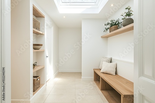 Minimalist entryway with skylights, wooden bench, and simple shelving units.