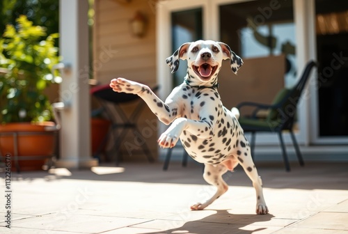 A playful dog bounces with excitement in a sunny backyard, showcasing its energy and joy as it loosens up for a fun playtime with loved ones photo