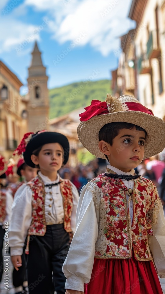 Fototapeta premium Children in Traditional Spanish Costumes during a Festive Parade