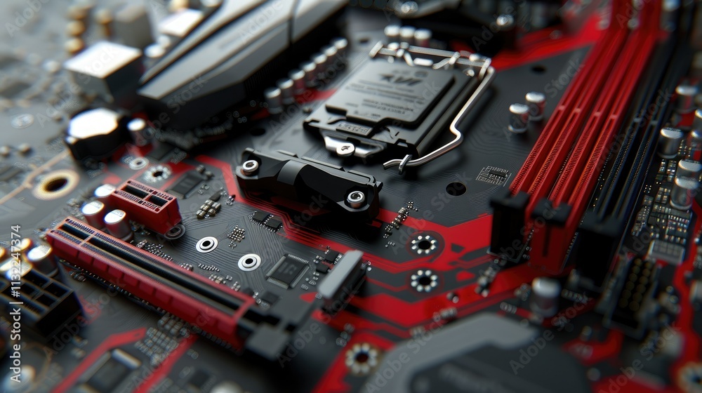Fototapeta premium Close-up view of a computer motherboard with intricate circuit board design and components.