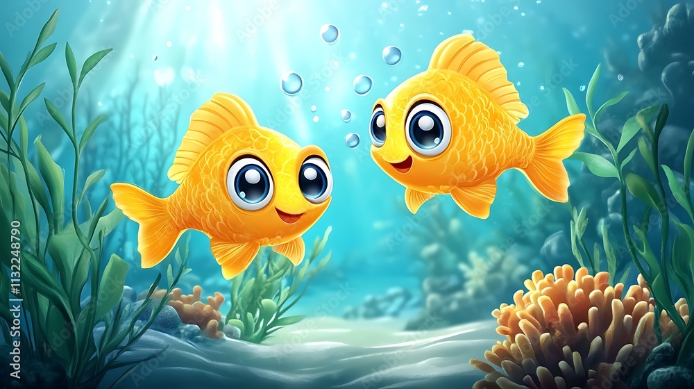 Fototapeta premium Cute cartoon goldfish in vibrant underwater scene with bubbles picture