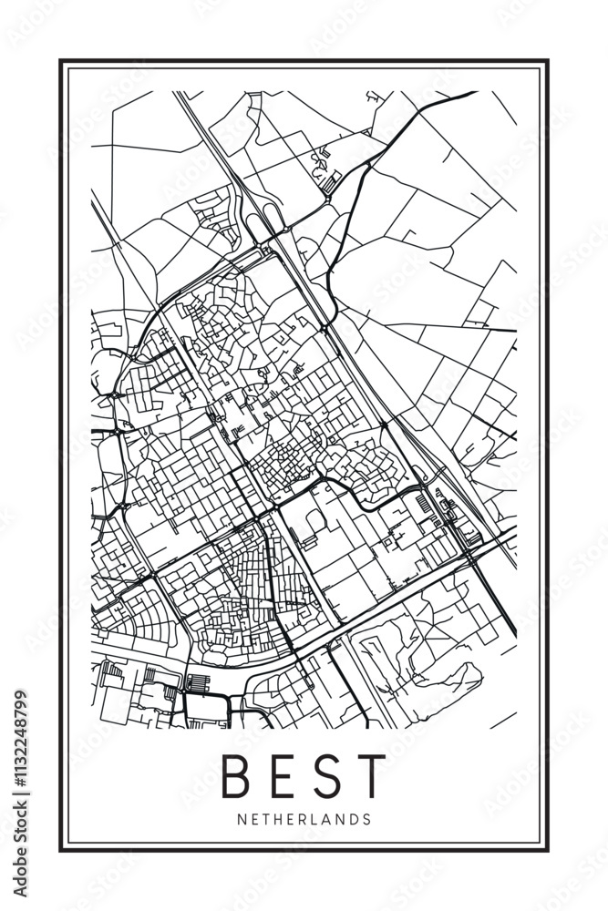 Obraz premium Printable downtown road map poster of the Dutch city of BEST on solid white background with city name