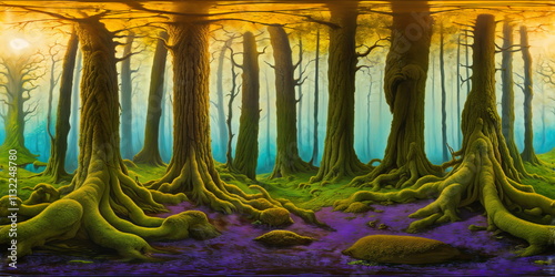 Fototapeta Naklejka Na Ścianę i Meble -  Full 360 degrees seamless spherical panorama HDRI equirectangular projection of A mystical lush ancient forest. Texture environment map for lighting and reflection source rendering 3d scenes.