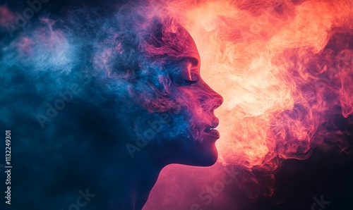Woman's face obscured, vibrant colored smoke.