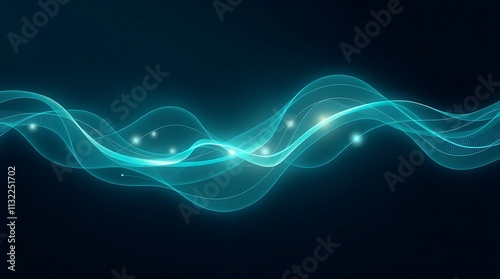 A digital illustration in a modern flat design style, depicting a bioluminescent algorithm in deep teal hues. The image features soft, dreamy lighting, flowing lines, and vibrant glowing colors,