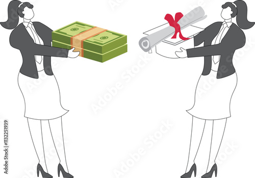 Purchase of diplomas or honorary certificates, education fees, student loans or education fees and debts, money in Businesswoman hand to purchase honorary certificates