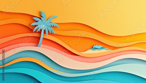 Abstract paper-cut ocean waves in vivid hues surrounding a lone tropical island perfect for summer vacation relaxation and wanderlust themes photo