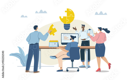 Business brainstorming, Business team meeting to brainstorm and holding light bulb puzzle pieces, Company employees sharing thoughts and ideas, Teamwork concept. Vector design illustration.