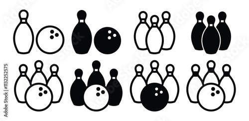 bowling pin bowling ball icon symbol vector design simple outline black white color illustration collection sets