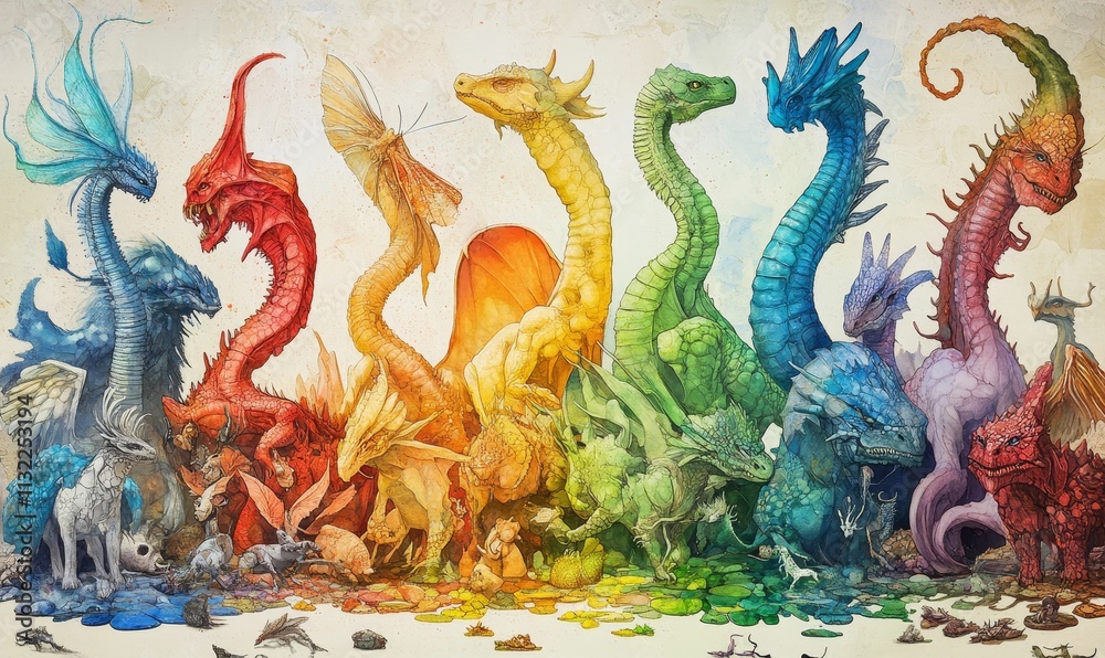 Fototapeta premium Rainbow dragons and small creatures, watercolor style.