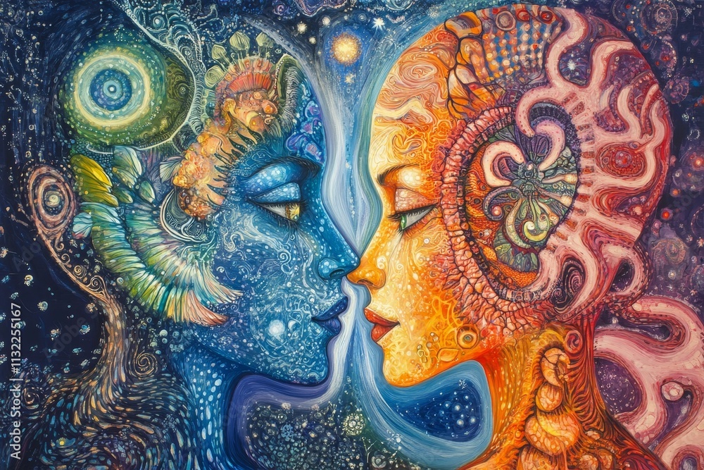 Fototapeta premium Abstract faces intertwine, cosmic swirls embrace.