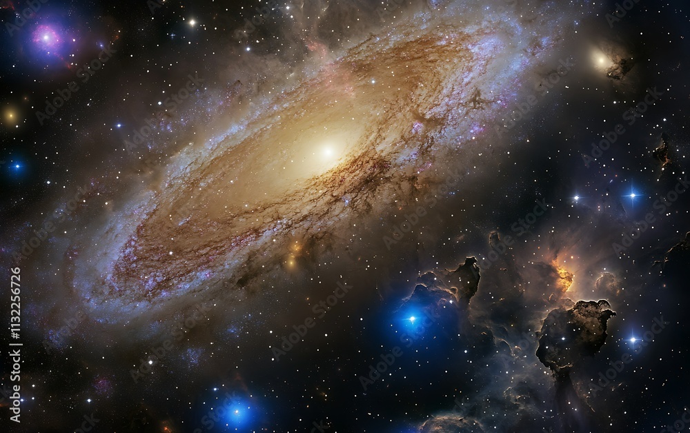 Obraz premium Stunning cosmic scene featuring a spiral galaxy, nebulae, and distant stars.