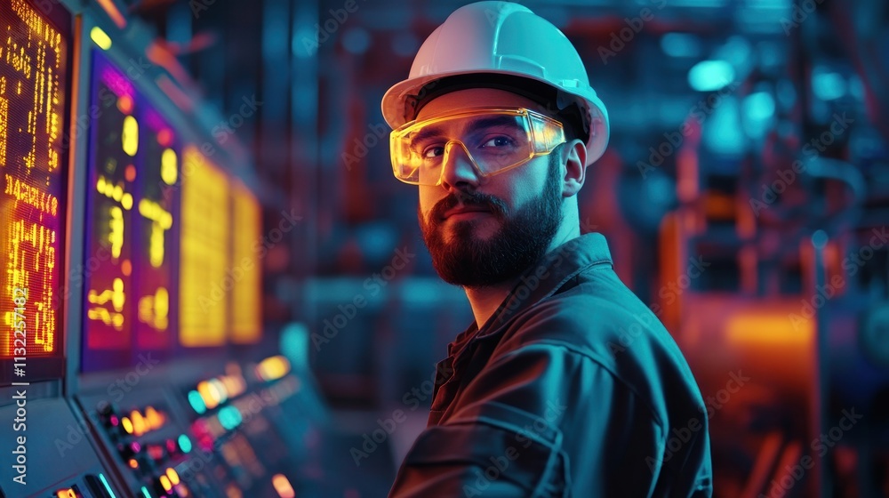 Fototapeta premium A professional engineer standing confidently in front of a complex industrial control panel,