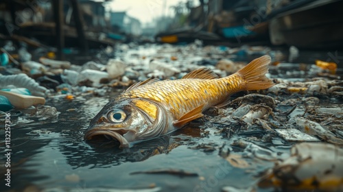 Polluted Ocean Scene with Dead Fish and Plastic Waste, Highlighting Marine Life Impact Generative AI photo